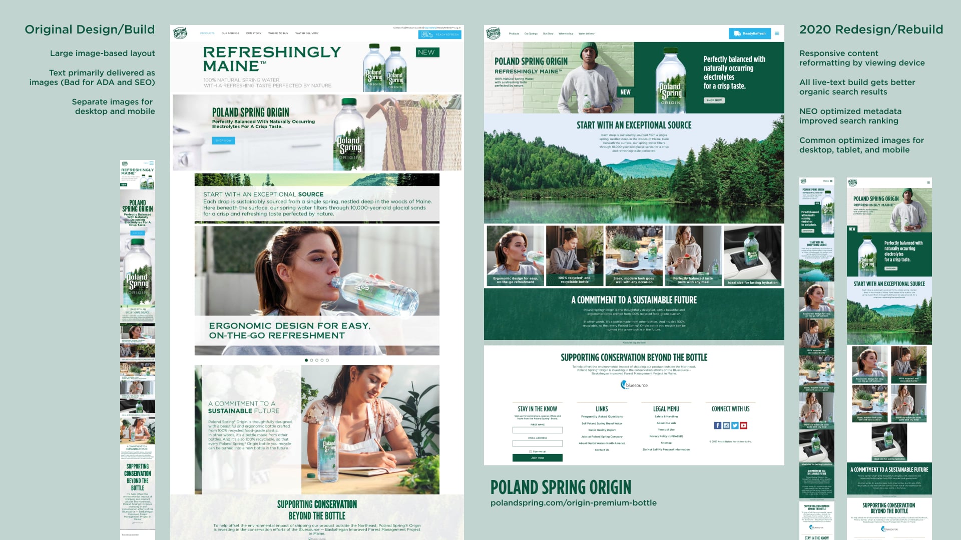 Poland Spring Origin, website page redesign comparison.